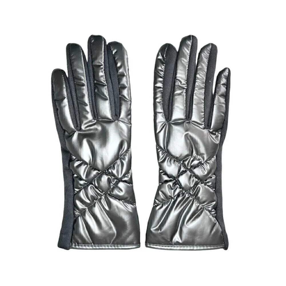 NEW Winter Puffer Gloves Sz.M 7 Gray Metallic Nylon Fleece Touchscreen Friendly